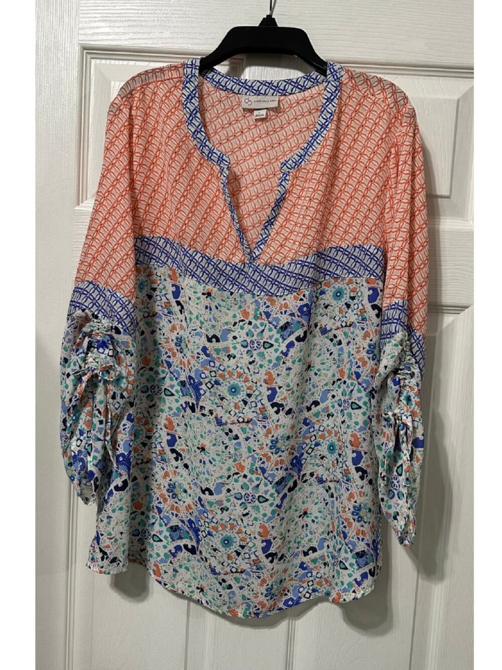 Dressbarn Geometric  Print Blues and Orange 3/4 Sleeves Tunic Top Size L